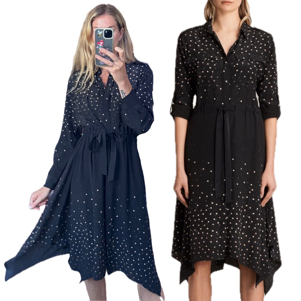AllSaints Melina Estela Button Star Hi Lo Silk Long Sleeve Midi Shirt Dress